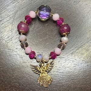 Natural Stone Beaded Bracelet Angel Charm Stretch Pink Crystal Jewelry Women